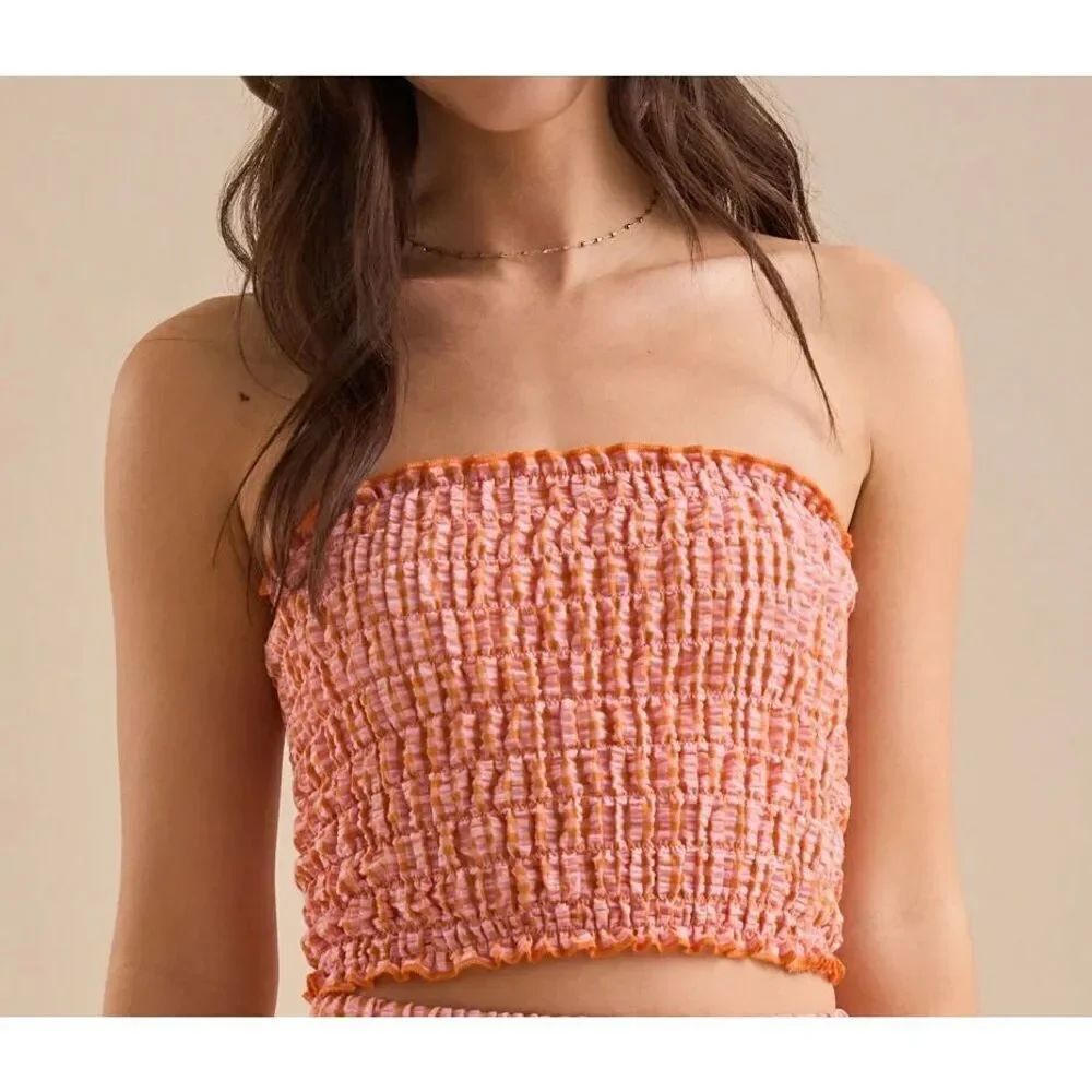 Altar'd State Orange Pink Gingham Plaid Lizzie Smocked Bandeau Top Medium